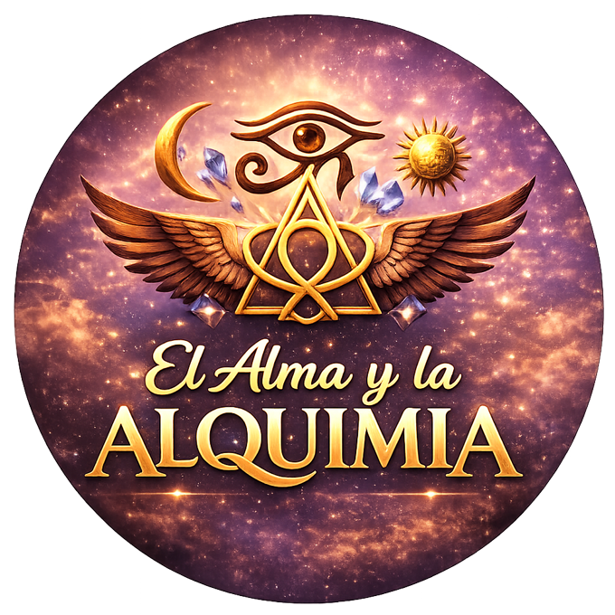 El Alma y la Alquimia — círculo cósmico con Ojo de Horus, alas egipcias, luna, sol, cristales y el símbolo alquímico del triángulo y el círculo